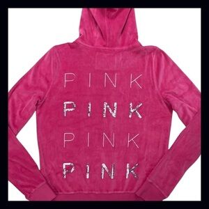 Victorias Secret Pink Velour Zip Hoodie Bling Sequin PINK Size M